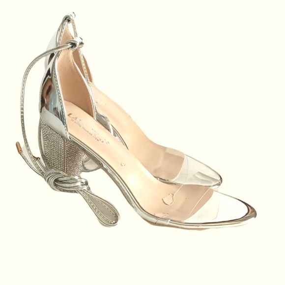 Lala Ikai Evening Shoes Silver with Ankle Straps Sequin Heels NWOTs - Picture 2 of 12
